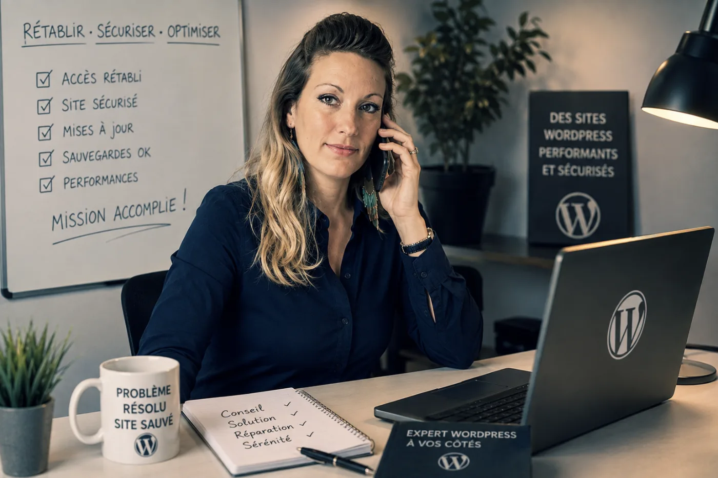Marie-France Verfaillie au telephone pendant une intervention de depannage WordPress, checklist de reparation terminee
